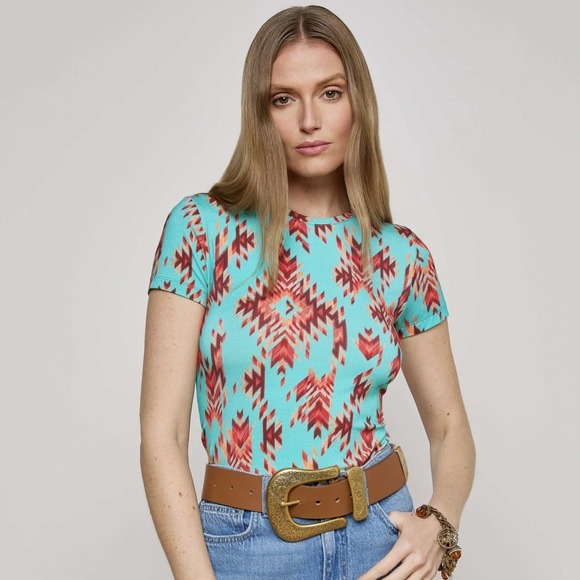 L'AGENCE Ressi Fitted Tee Women‎ S Pool Blue Multi Ganado Shirt Southwestern NEW - Picture 4 of 16